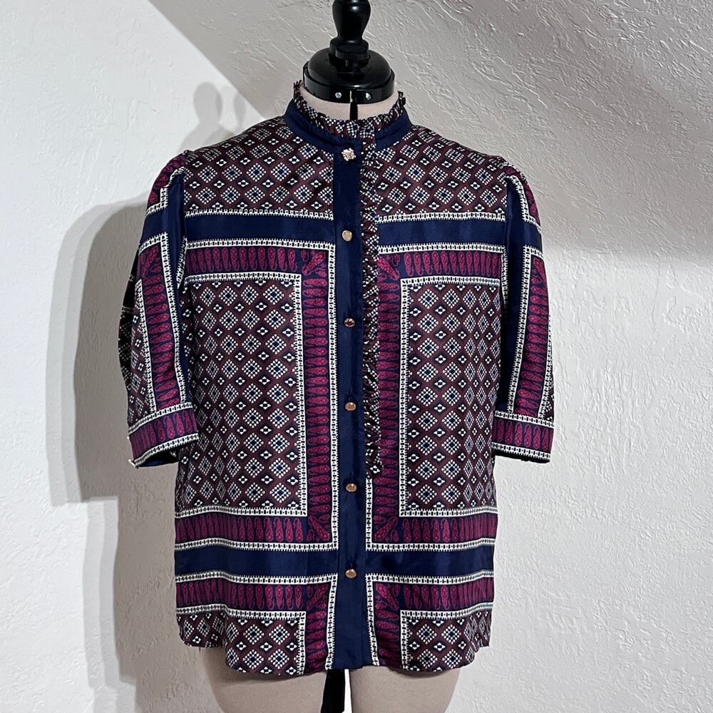 Sandro Paris Mosaik Patterned Silk Ruffle Shirt Sz L NWT Puff Sleeve